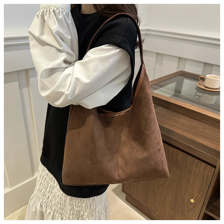 Vintage Faux Suede Tote Bags for Women Large Capacity Shoulder Ladies Underarm Bag Casual Simple Commuter Female Handbags