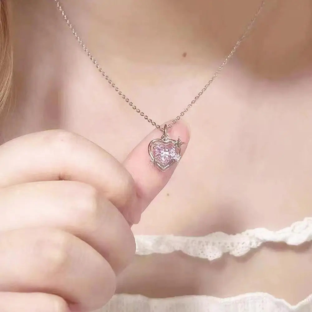 New Fashion Trendy Crystal Pink Zircon Heart Pendant Necklace For Women Girl Elegant and Sweet Punk Party Jewelry