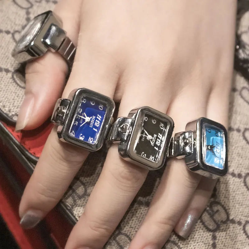Fashion Adjustable Time Real Watch Rings for Men Women Square Dial Stainless Steel Punk Hiphop Jewelry Mini Battery Clock Gifts
