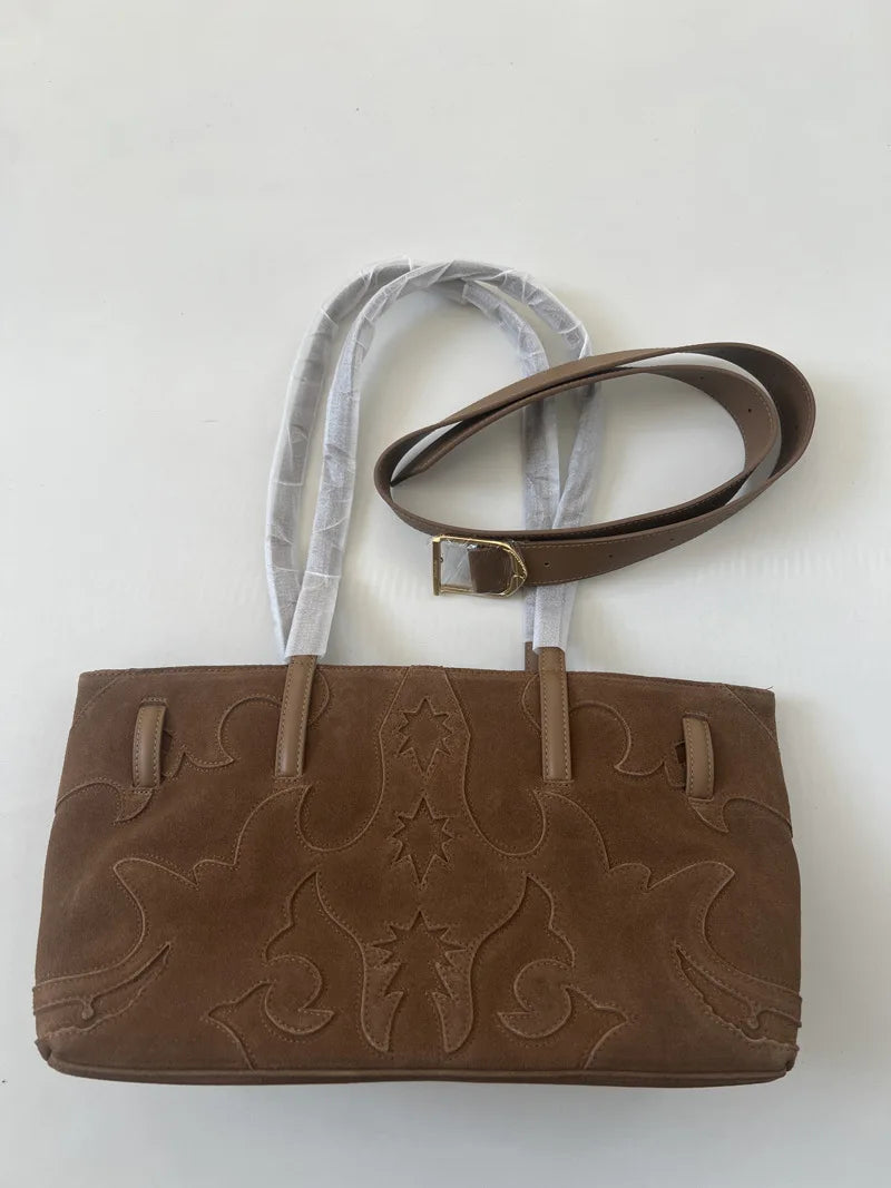 New Brown Suede Hobo Bag for Women, Studded Cowhide Large Tote Purse, Faux Suede Leather Shoulder Crossbody Handbag for Shopping