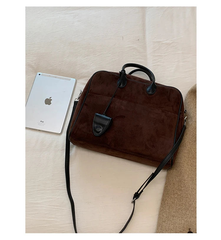 Faux Suede Taupe Retro Tote Bags for Women Solid Color Large Capacity Commuting Versatile Casual Shoulder Bag Classic Handbag