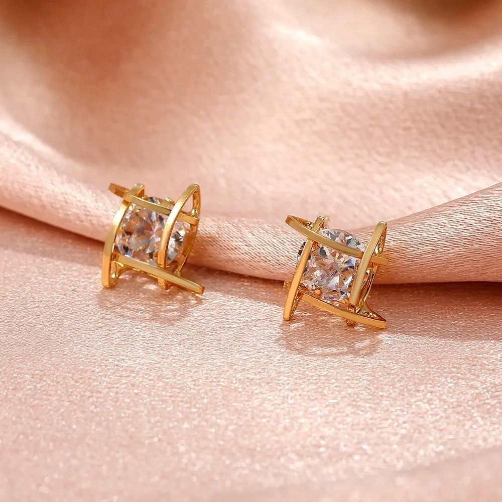 Zircon Small Square Crystal Stud Earrings For Women Luxury Vintage Wedding Party Jewelry Gift