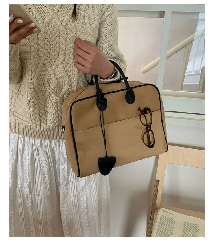 Faux Suede Taupe Retro Tote Bags for Women Solid Color Large Capacity Commuting Versatile Casual Shoulder Bag Classic Handbag