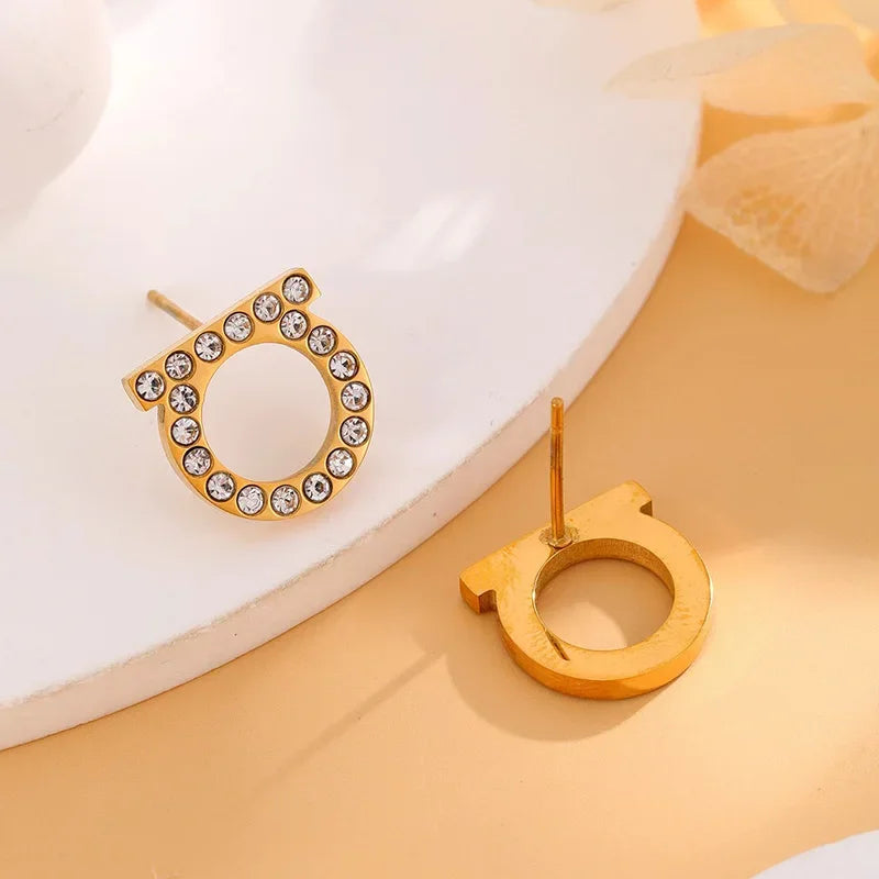 1 Pair Simple and Luxurious Zircon Inlaid D-shaped Stainless Steel Electroplated 18K Real Gold Stud Earrings Women Jewelry Gift