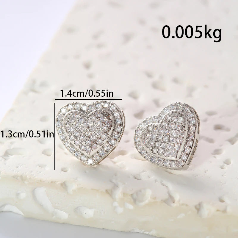 1 Pair of Copper Inlaid Zircon Fashionable Elegant Simple Versatile Heart-Shaped Stud Earrings for Women