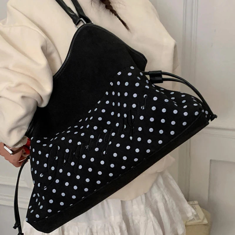 Polka Dot Suede Shoulder Bag Women Stylish Brown Slouchy Tote Drawstring Design Magnetic Buckle Underarm Bag With Star Pendant