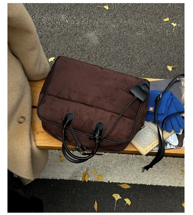 Faux Suede Taupe Retro Tote Bags for Women Solid Color Large Capacity Commuting Versatile Casual Shoulder Bag Classic Handbag