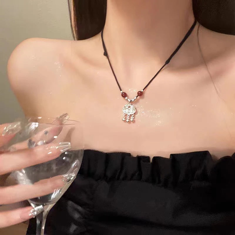 Chinese Style Fashion Retro Braided Rope Necklace Butterfly Flower Moon Safety Lock Pendant Necklace For Women Vintage Jewelry