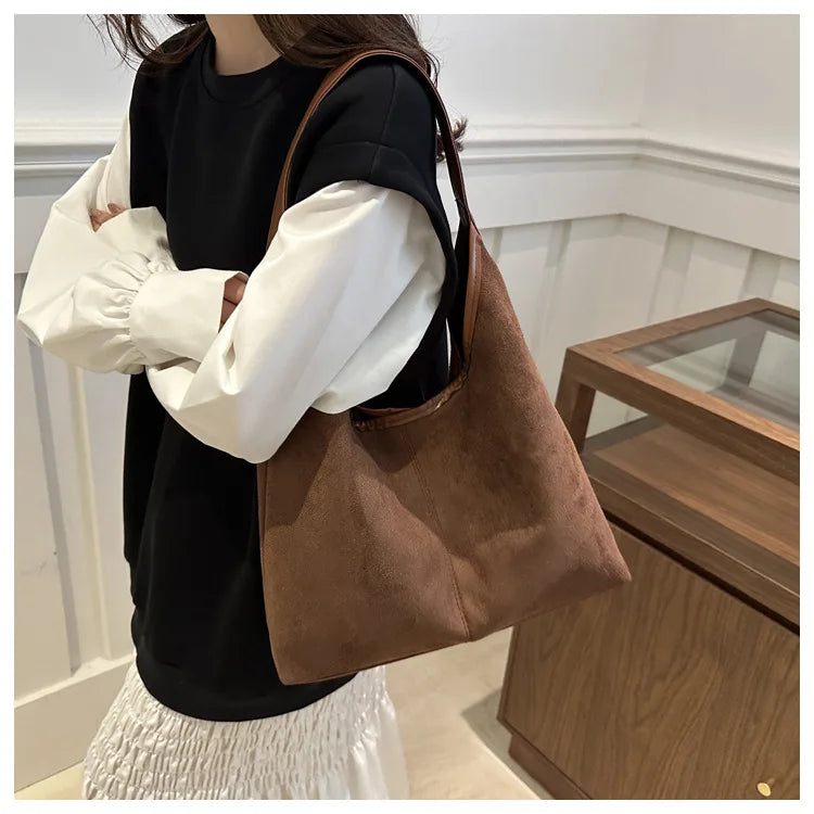 Vintage Faux Suede Tote Bags for Women Large Capacity Shoulder Ladies Underarm Bag Casual Simple Commuter Female Handbags