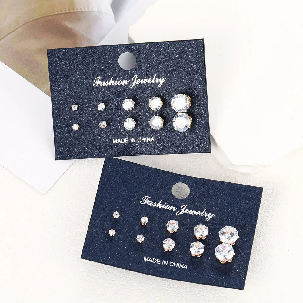 5 Pairs Zircon Stud Earrings Set For Women Men Fashion Gold Silver Color Earring Unisex Ear Piercings Jewelry Gift