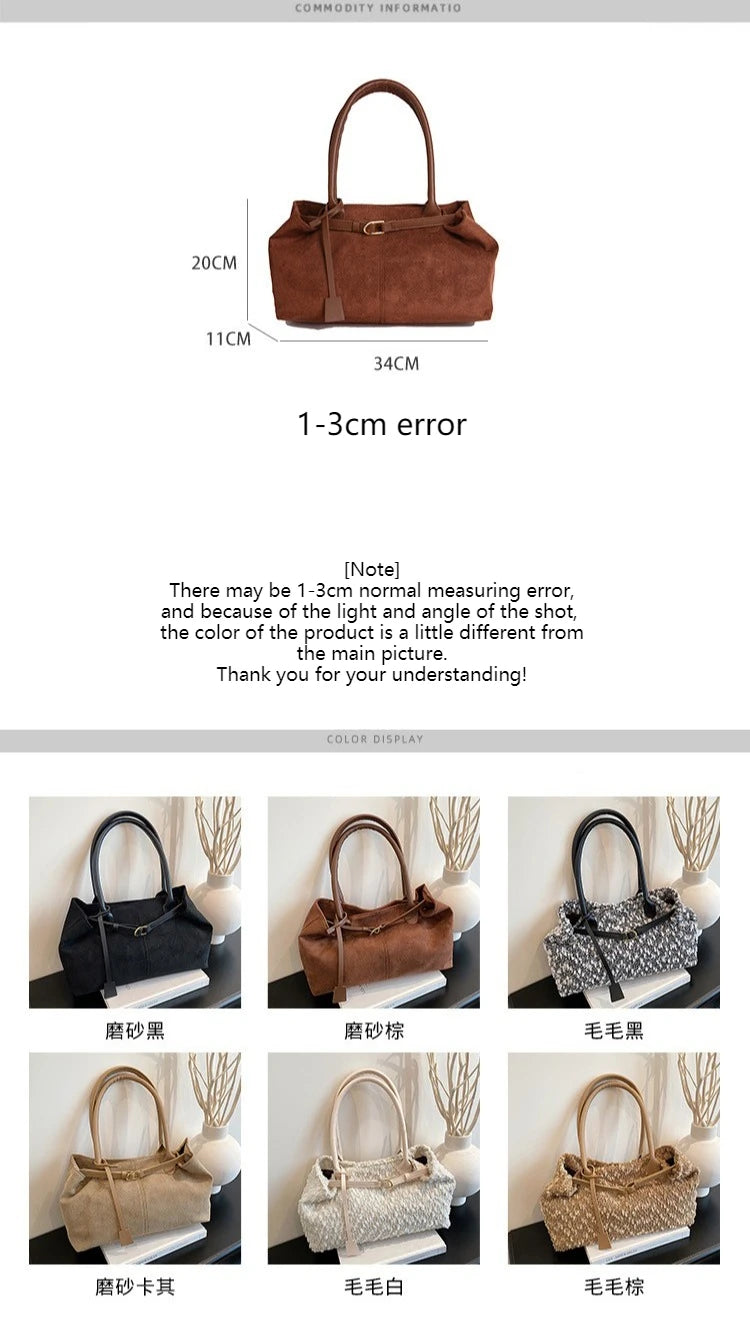 Belt Design Matte Leather Women's Tote Shoulder Bag Suede Velvet Female Underarm Bags Large Capacity Ladies Work Handbags Purse