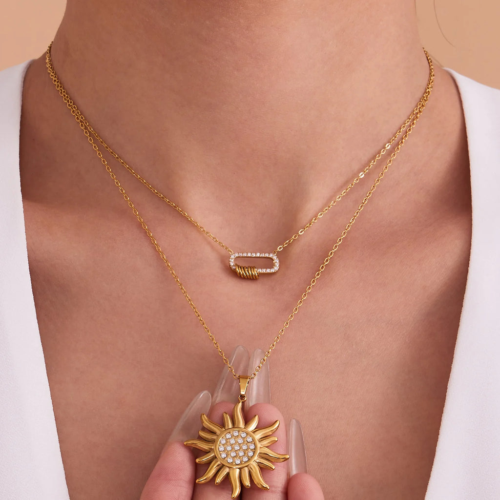 Liora Delicate Zircon Sun Oval Pendant Stainless Steel Chain Necklaces For Women Wedding Charm Neck Drop Choker Women Jewelry