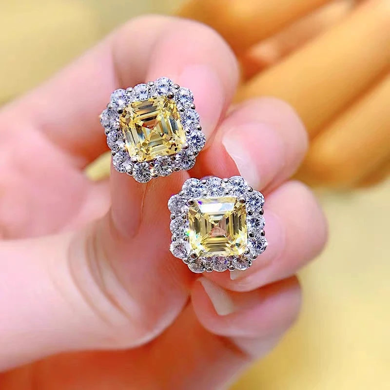 925 Sterling Silver Yellow/Pink/Clear Zircon Stud Earrings For Women High Quality Luxury Bridal Wedding Silver 925 Jewelry