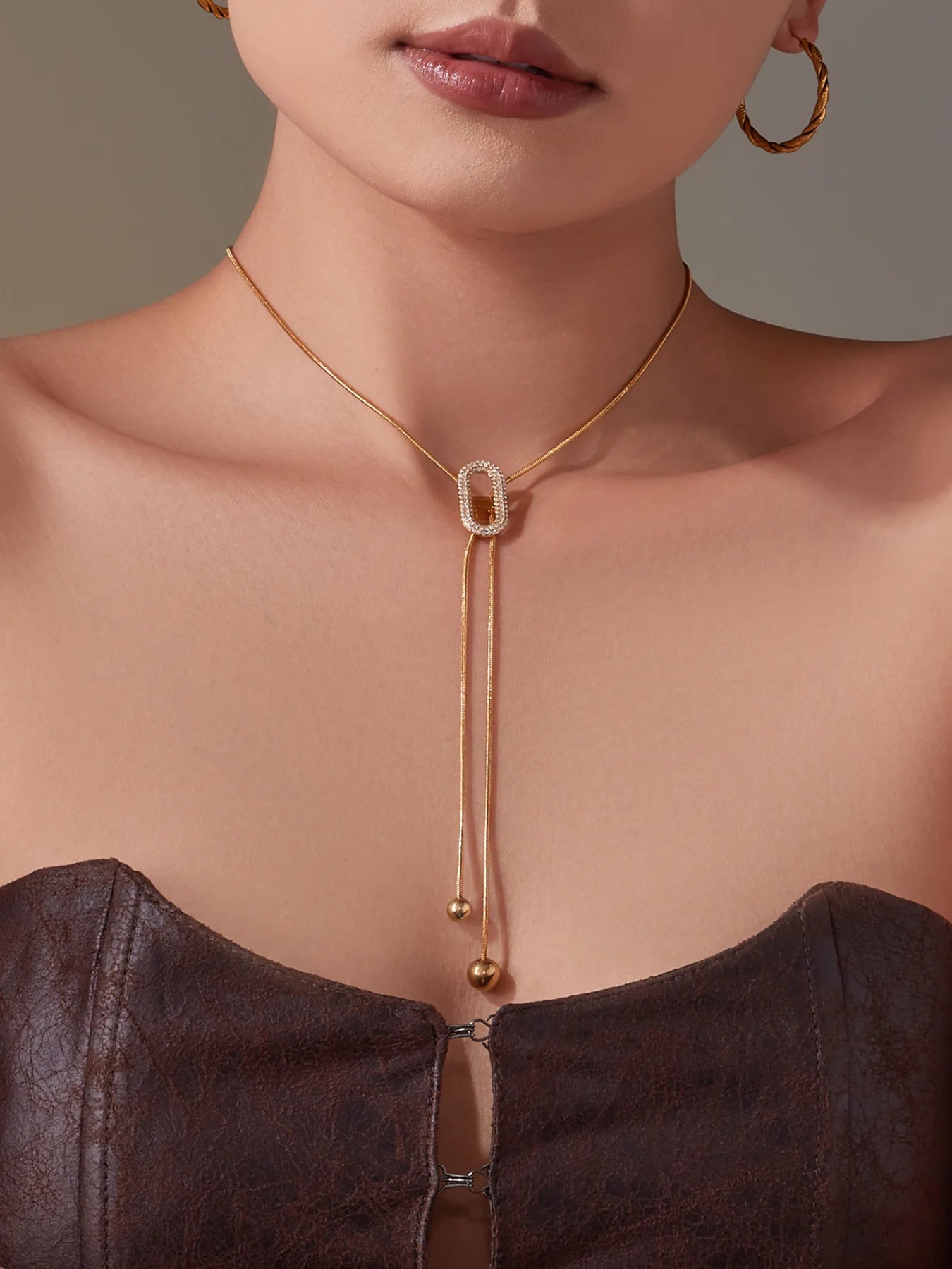 Ars 18K Gold Plated Y Necklace Stainless Steel Tassel Necklace Adjustable Oval Pendant Necklace Women's Zircon Lariat Necklaces