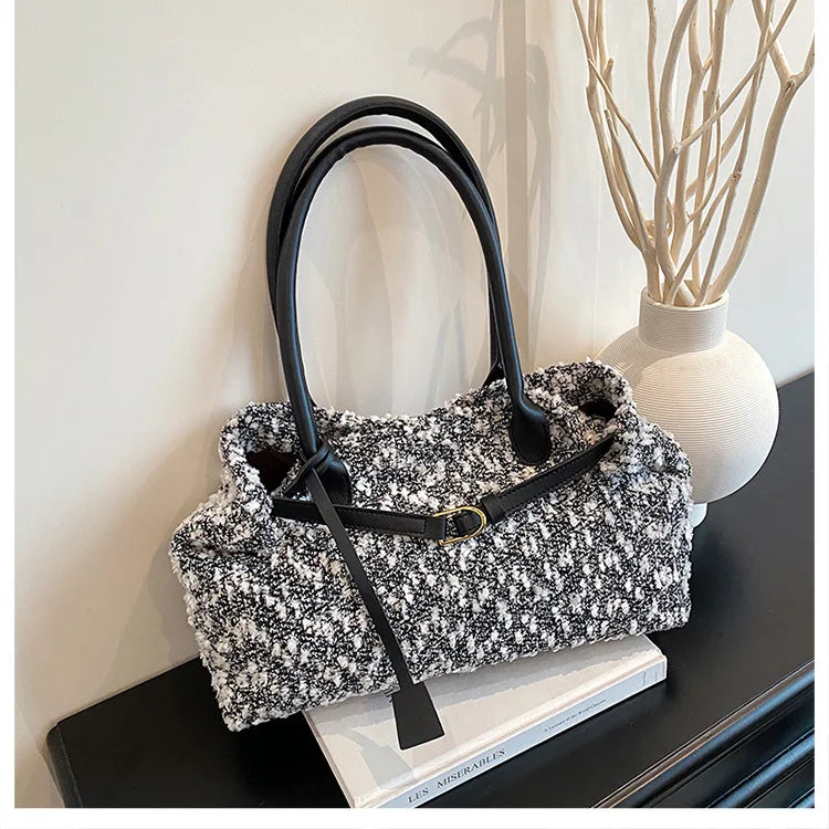 Belt Design Matte Leather Women's Tote Shoulder Bag Suede Velvet Female Underarm Bags Large Capacity Ladies Work Handbags Purse