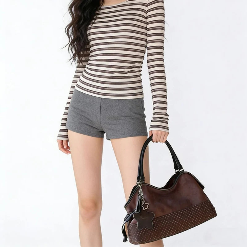 Polka Dot Suede Shoulder Bag Women Stylish Brown Slouchy Tote Drawstring Design Magnetic Buckle Underarm Bag With Star Pendant