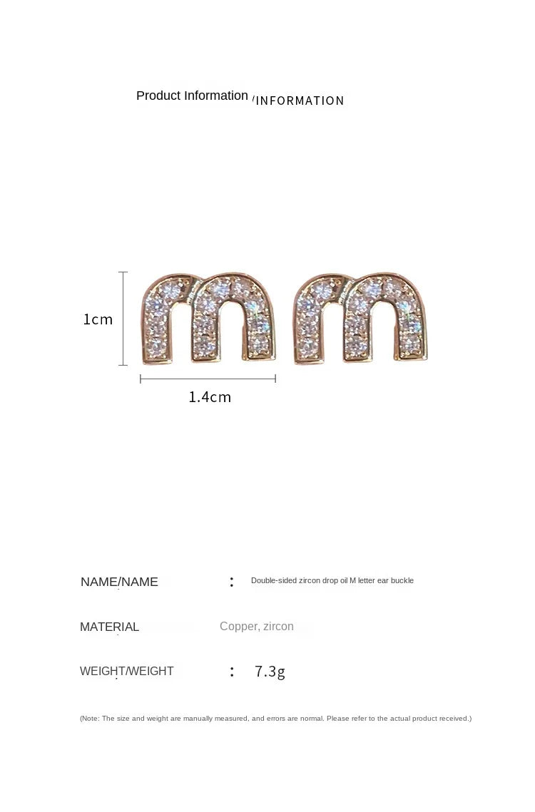 Zircon Drop Oil M Letter Ear Buckle Female Design High-grade Sense Stud Earrings for Women Fashion Light Luxury Jewelry Gifts