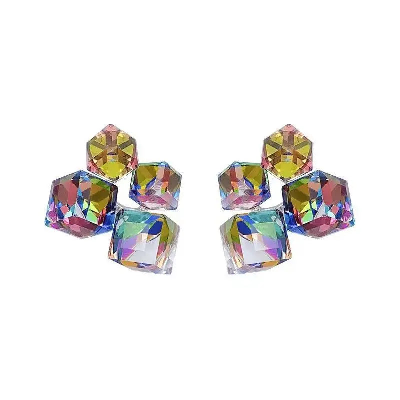 Exquisite Crystal Zircon 3D Square Stud Earrings For Woman Gradient Colored Geometric Earrings Trendy Casual Party Jewelry Gifts