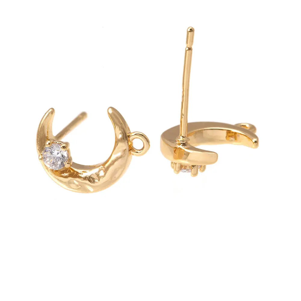 2 Pairs(1 Pair including 1 Sun and 1 Monn) 18K Gold Color Brass and Zircon Stud Earrings Pins Earrings High Quality Diy Making