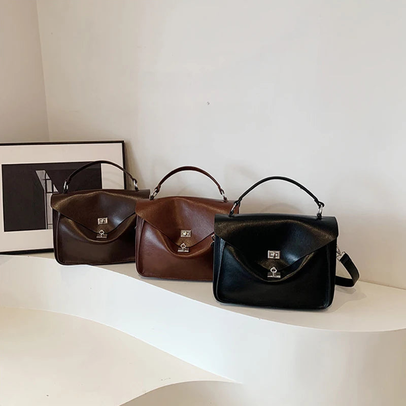 Crossbody Messenger Bag,Designer Versatile Large Capacity Commuting Shoulder Bag,Lady PU Tote Bags Vintage Buckle Handbag Brown