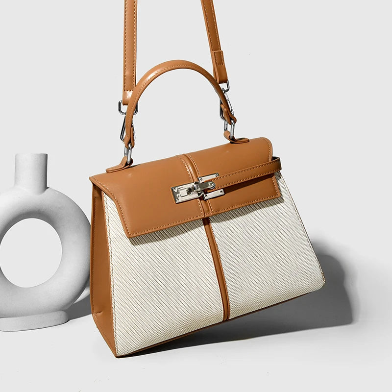 Luxury High-end Brand Handbag For Women Canvas Stitching Leather Silver Button Tote Bag Jw Large Capacity Banquet Shoulder Purse