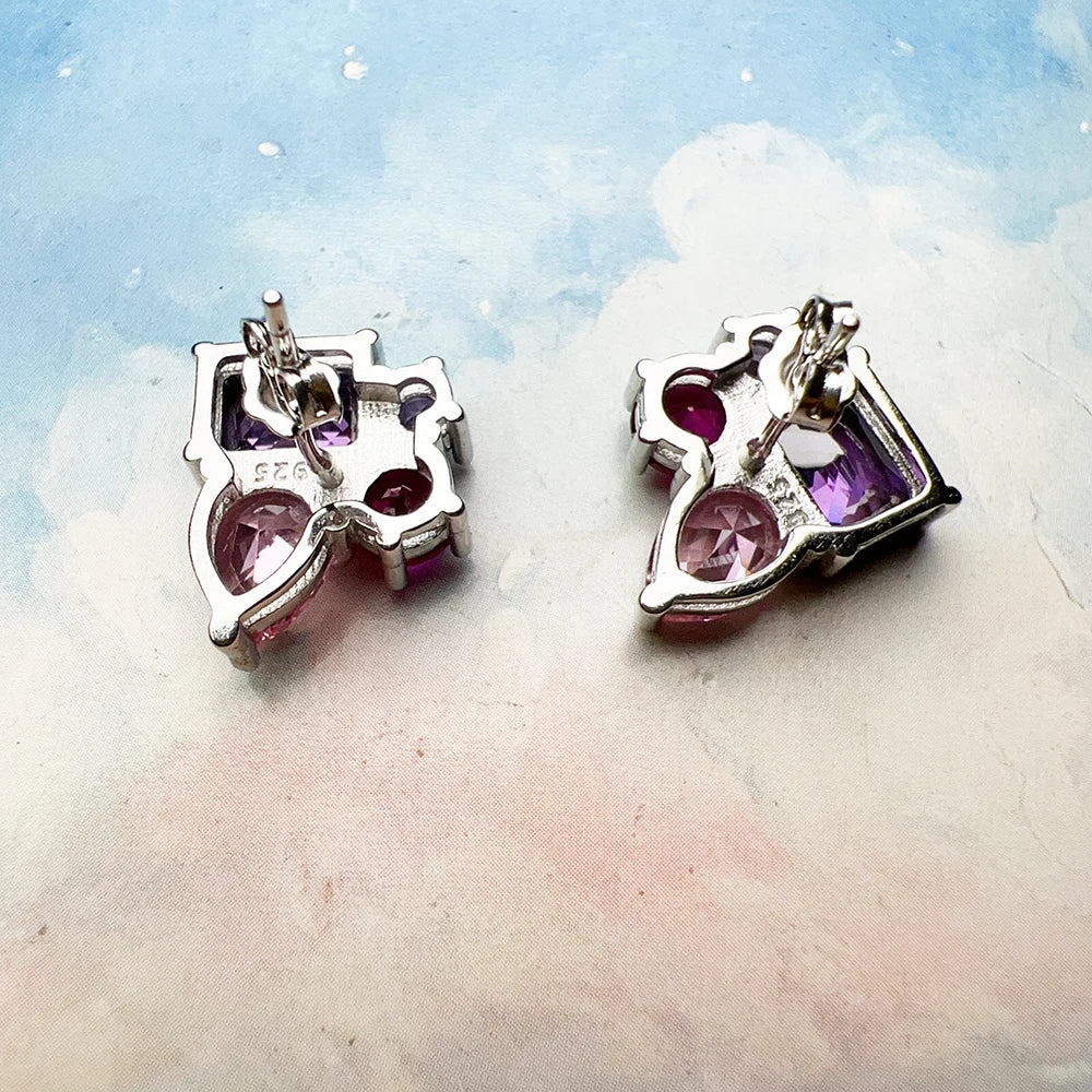 Ear Stud Earrings Pink and Violet Zircon Europe Style Glamorous Jewerly For Women Trendy Gift In 925 Sterling Silver
