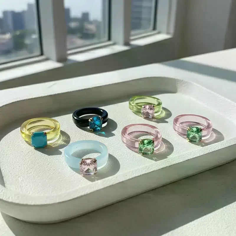 Fashion Simple Inlaid Colorful Zircon Resin Ring Women Sweet Cute Birthday Party Commemorative Jewelry Gift