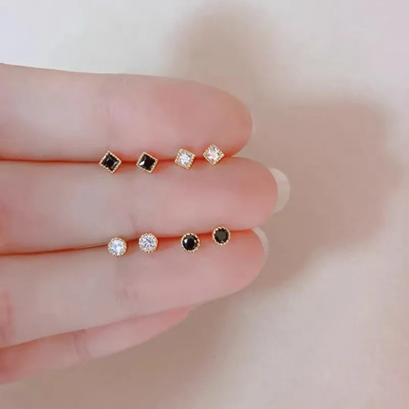 925 Sterling Silver Jewelry Black Square Round Zircon Geomatric Stud Earrings for Women Wedding Party Jewelry For Girls Gift