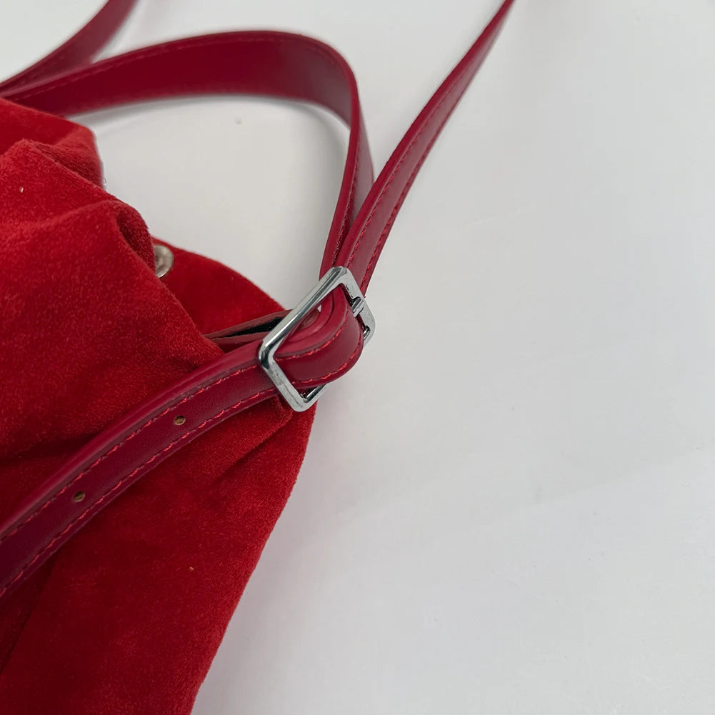 Women Suede Leather Shoulder Bag Vintage Tote Handbag Travel Autumn Winter Causal Crossbody Bags Lightweight Drawstring Handbag