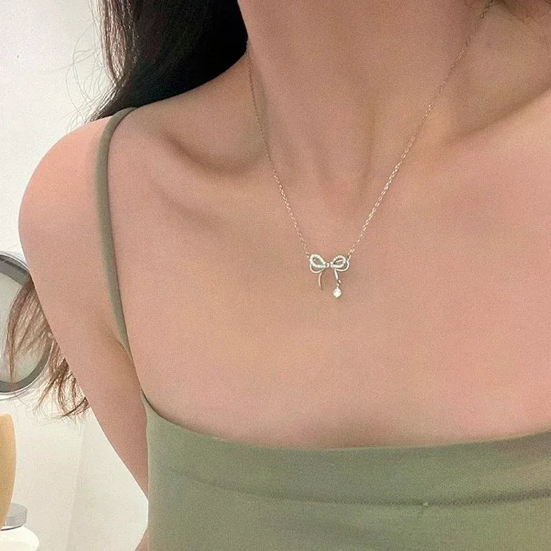 Zircon Bow Knot Pendant Necklace for Women Design Elegant Korean Fashion Necklaces Woman Charms Necklace Party Lady Accesorios