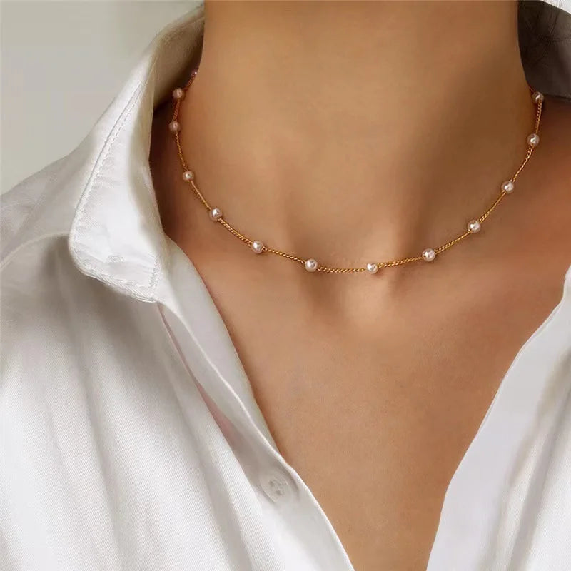1Pc New Beads Women'S Neck Chain Kpop Pearl Choker Necklace Gold Color Goth Chocker Jewelry On The Neck Pendant Collar For Girl