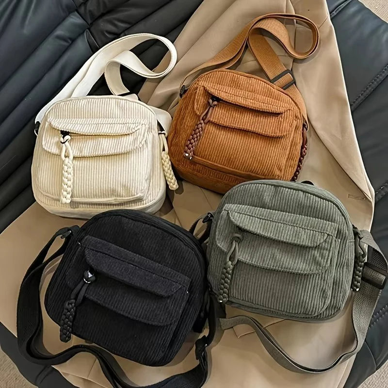Corduroy Crossbody Bag for Women Casual Harajuku Style Zipper Closure Adjustable Strap Multi Pockets Polyester Lining Beige