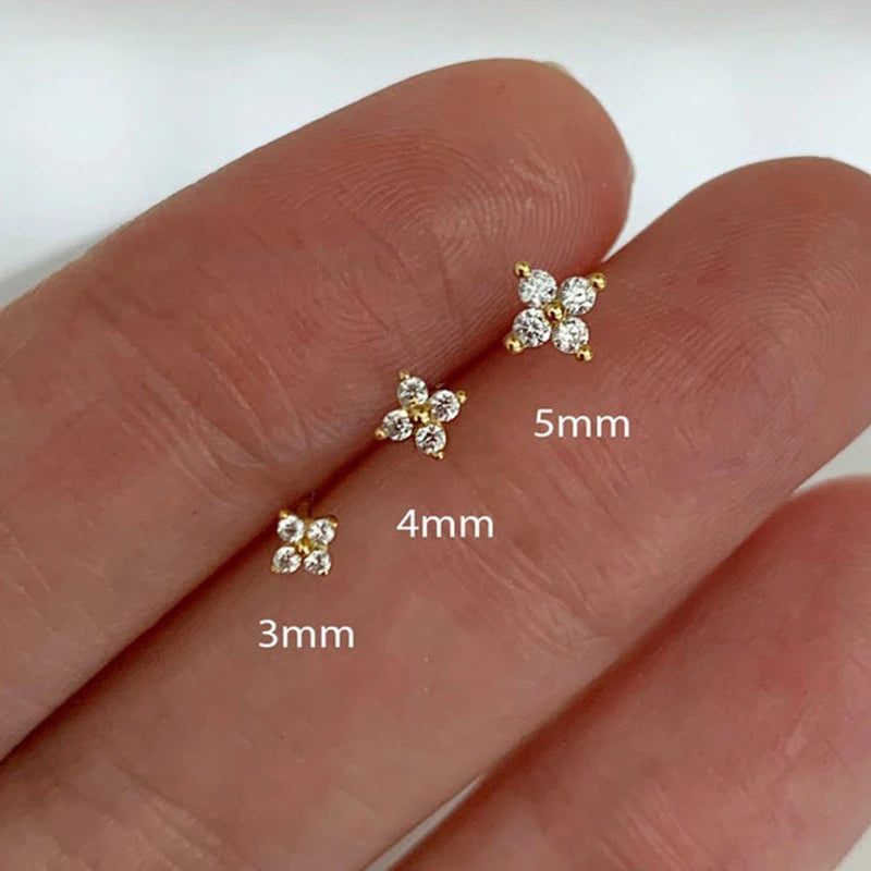3Pcs/set Four Petals Zircon Flower Stud Earrings Set For Women Small Classic Versatile Piercing Earrings 3/4/5mm