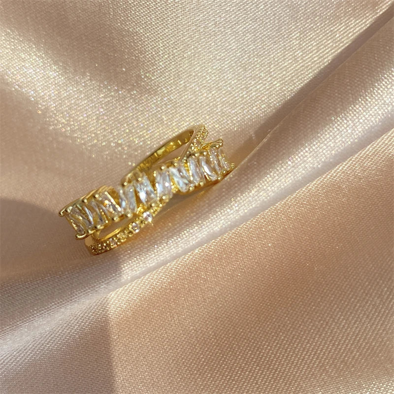 Luxury Zircon Shiny Chic Resizable Double Student Opening Rings for Woman Silver Color Gothic Finger Jewelry Wedding Party