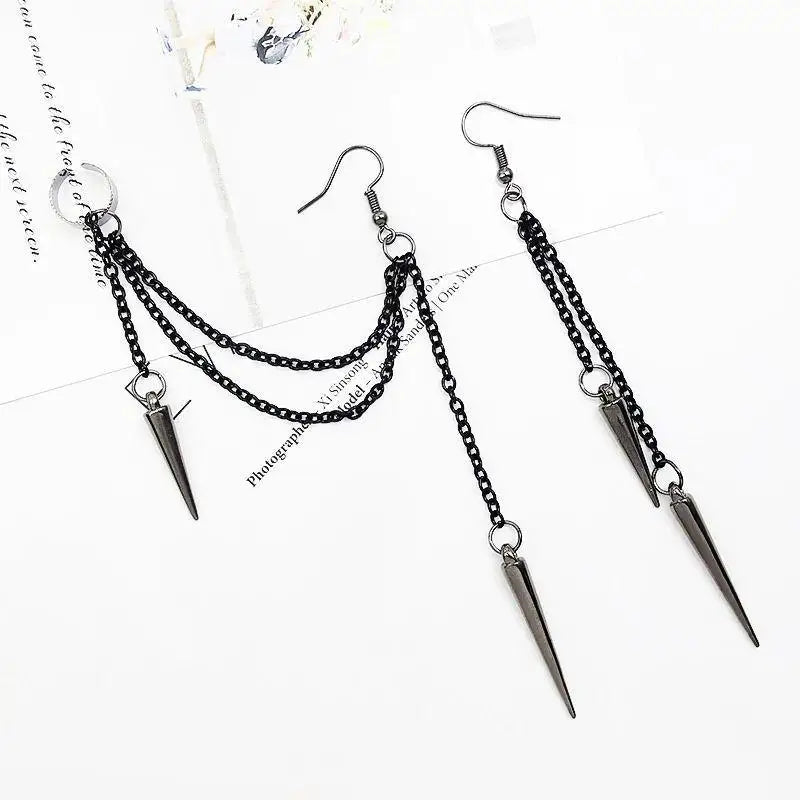 Men Retro Black Tassel Chain Long Earrings Punk Earrings Hiphop Rivet Earrings For Women Gothic Party Jewelry