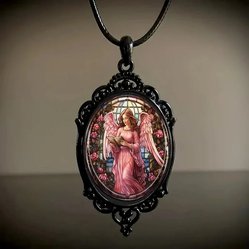 Popular Fashion, Simple Black Lace Base, Oval Glass Pendant Necklace Strap, Customizable Pattern, Wholesale Available