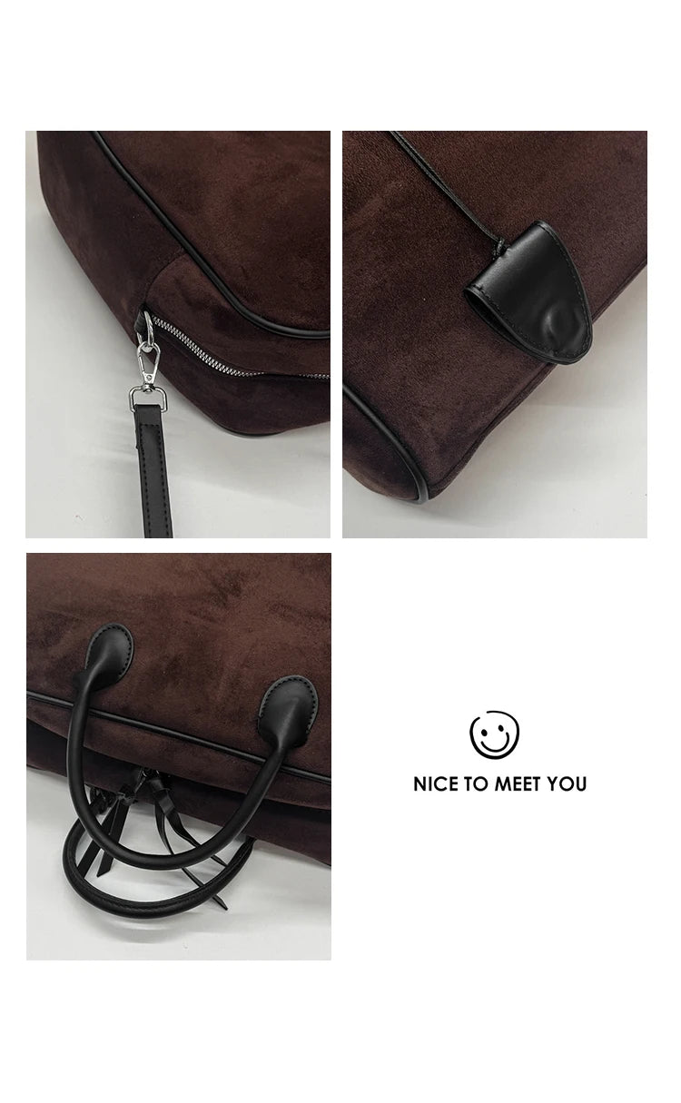 Faux Suede Taupe Retro Tote Bags for Women Solid Color Large Capacity Commuting Versatile Casual Shoulder Bag Classic Handbag