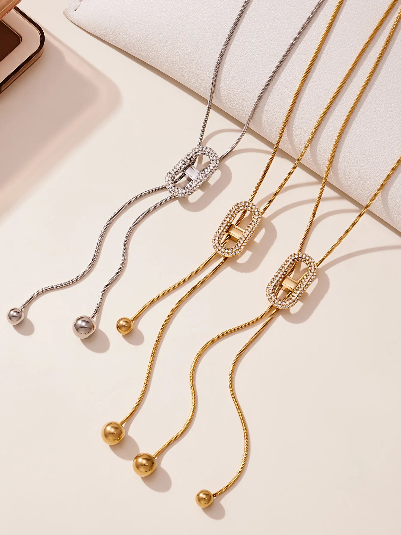 Ars 18K Gold Plated Y Necklace Stainless Steel Tassel Necklace Adjustable Oval Pendant Necklace Women's Zircon Lariat Necklaces