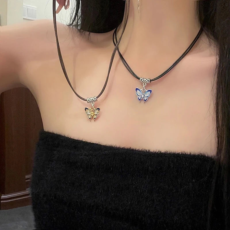 Chinese Style Fashion Retro Braided Rope Necklace Butterfly Flower Moon Safety Lock Pendant Necklace For Women Vintage Jewelry