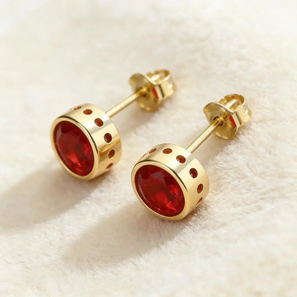 Red Zircon Round Stud Earrings For Women Men Gold Color Female Male Wedding Engagement Party Jewelry Mother Valentine Day Gifts