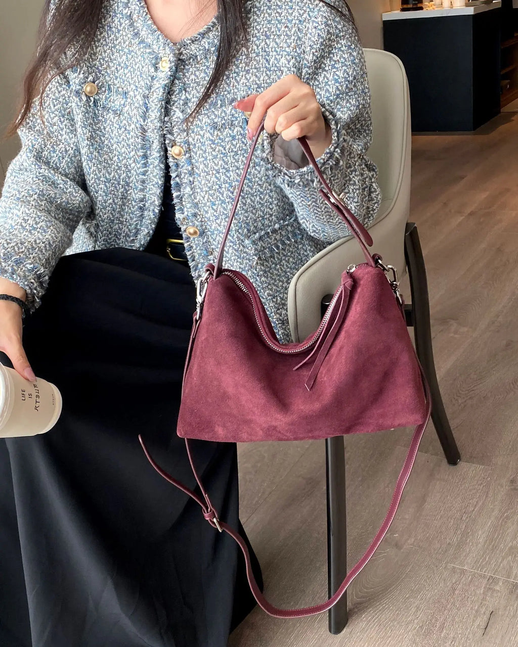 Genuine Grade Autumn Winter Big Boston Luxury Designer Tote Soft Matte Suede Leather Women Handbag Female Shoulder Crossbody Bag
