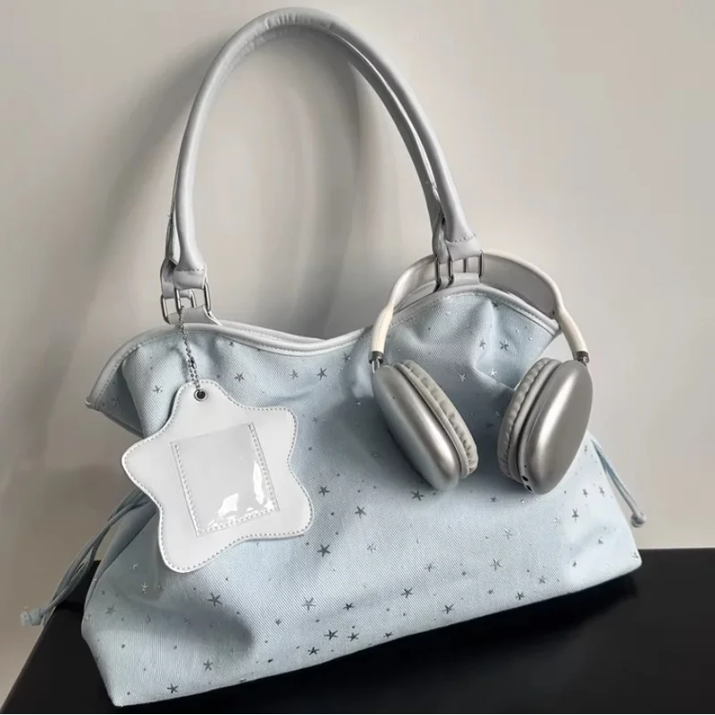 Polka Dot Suede Shoulder Bag Women Stylish Brown Slouchy Tote Drawstring Design Magnetic Buckle Underarm Bag With Star Pendant