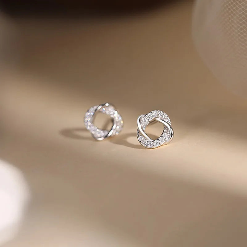Shiny Trendy Sterling Silver Inlaid Tiny Zircon Hollowed-out Circular Stud Earrings for Woman Geometry Line Enwind Jewelry Gifts