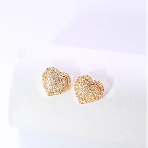 1 Pair of Copper Inlaid Zircon Fashionable Elegant Simple Versatile Heart-Shaped Stud Earrings for Women