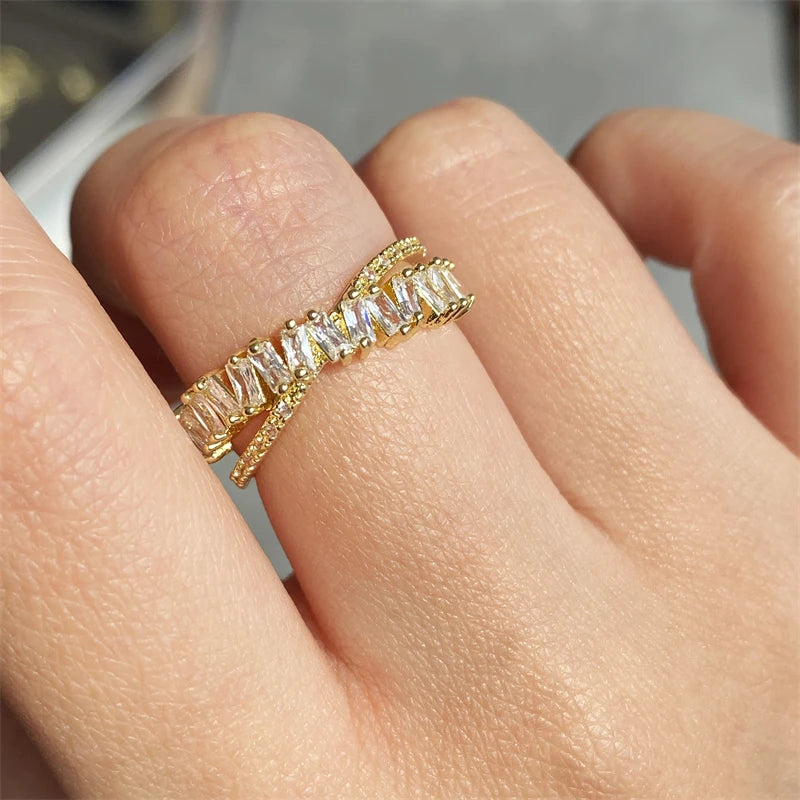 Luxury Zircon Shiny Chic Resizable Double Student Opening Rings for Woman Silver Color Gothic Finger Jewelry Wedding Party