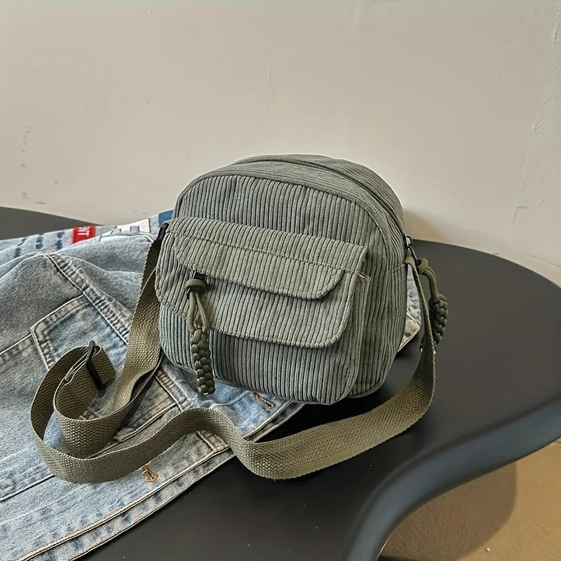 Corduroy Crossbody Bag for Women Casual Harajuku Style Zipper Closure Adjustable Strap Multi Pockets Polyester Lining Beige