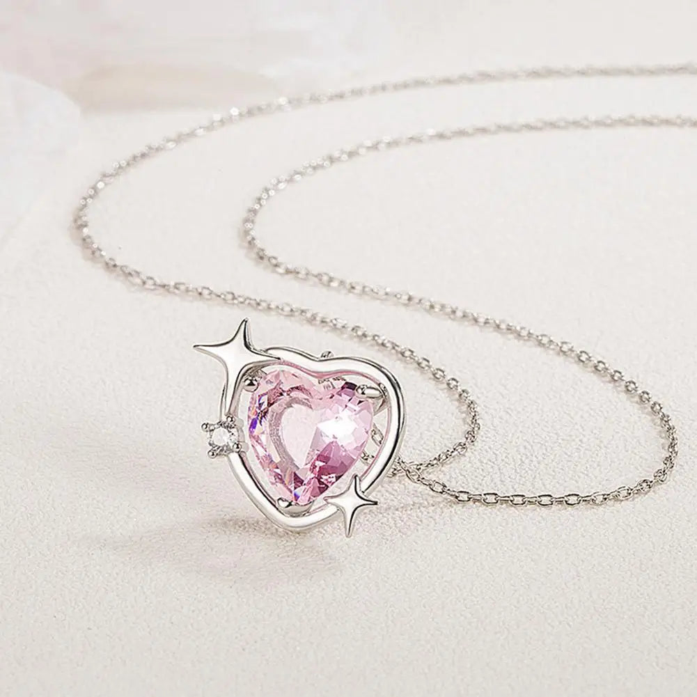 New Fashion Trendy Crystal Pink Zircon Heart Pendant Necklace For Women Girl Elegant and Sweet Punk Party Jewelry