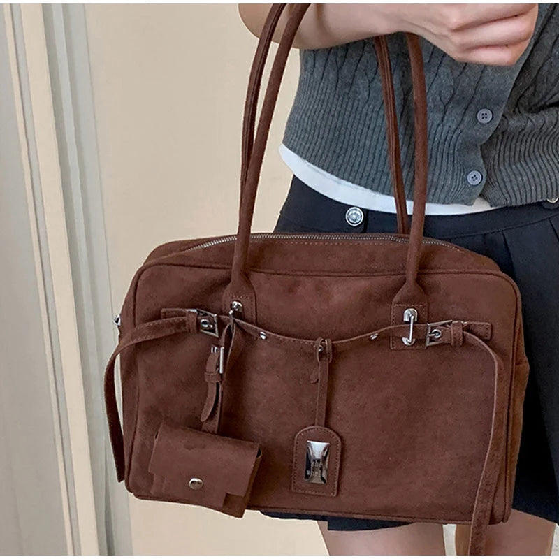 New Retro Ladies Tote Bag Highend Pu Suede Handbag Fashion Simple Large-capacity Shoulder Bag Korean Version Commuter Travel Bag