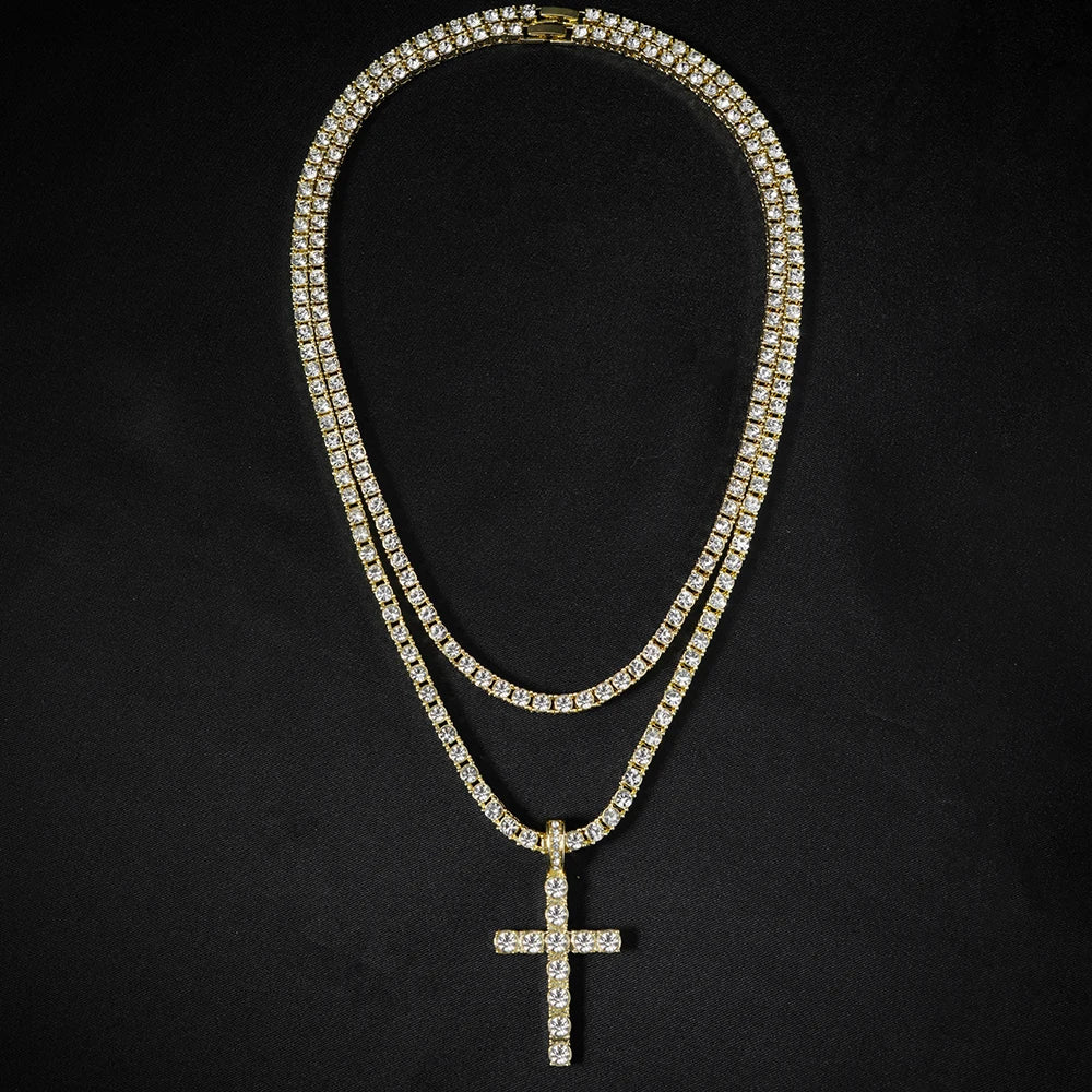 Hip Hop Iced Out Cross Pendant Necklace Strap 4mm Zircon Tennis Chain Men Women Sparkling Necklace Punk Jewelry Fashion Gift