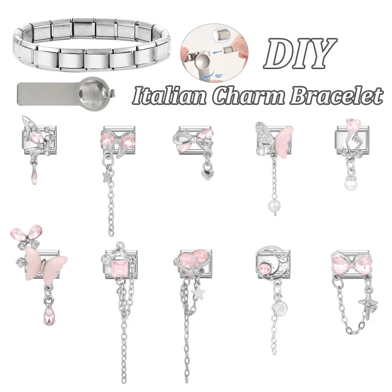 Zircon Moon Cherry Heart Star Bow Knot Butterfly Tassel Italian Charm Links Fit 9mm Bracelet Stainless Steel DIY Making Gifts